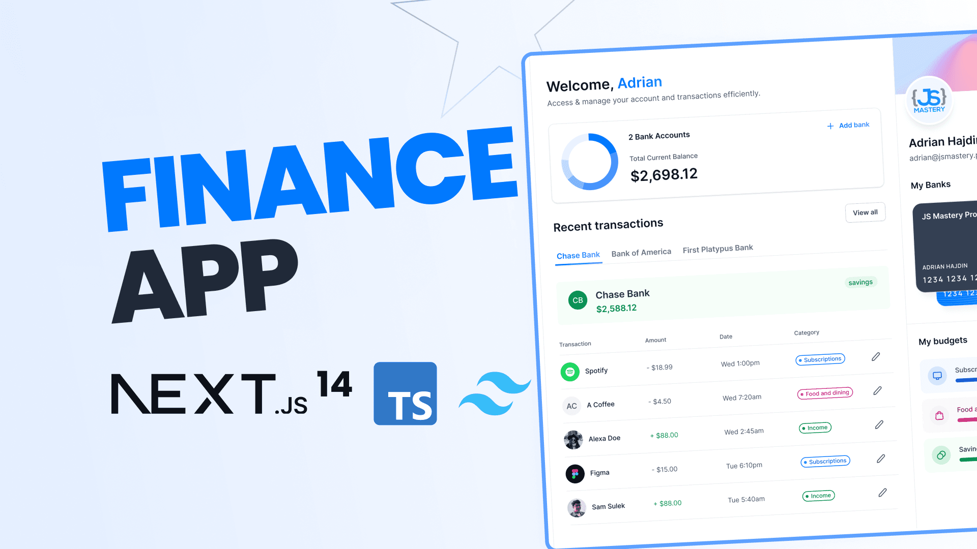 a banking app with a finance management dashboard that connects multiple bank accounts, displays real-time transactions, and allows you to transfer money to other users on the platform using Next.js 14.